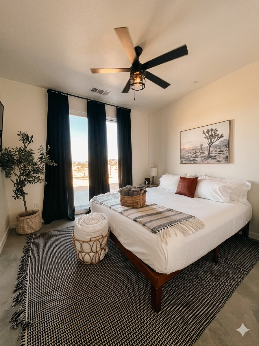 King bedroom with desert views and modern decor